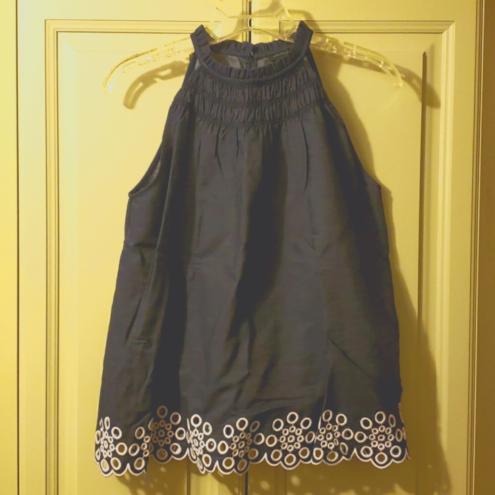 Ann Taylor Denim Eyelet Top, Size Small